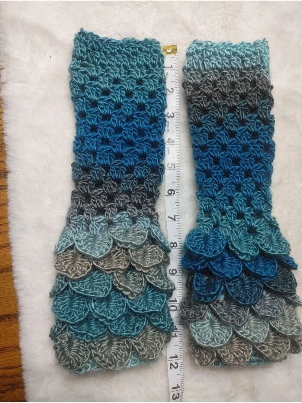 Handmade Crocheted Dragonscale Fingerless Texting Gloves Turquoise/Grey